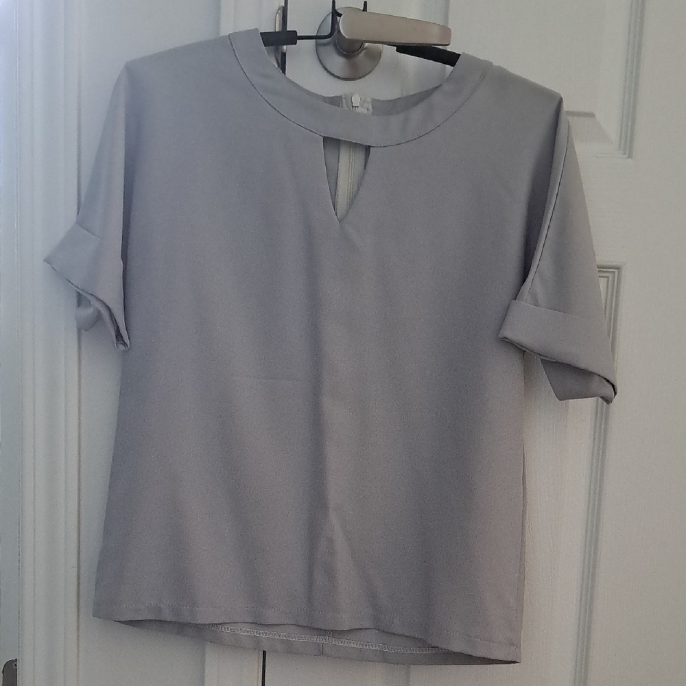 Gray Boxy Top with Mandarin Collar and Keyhole Detail